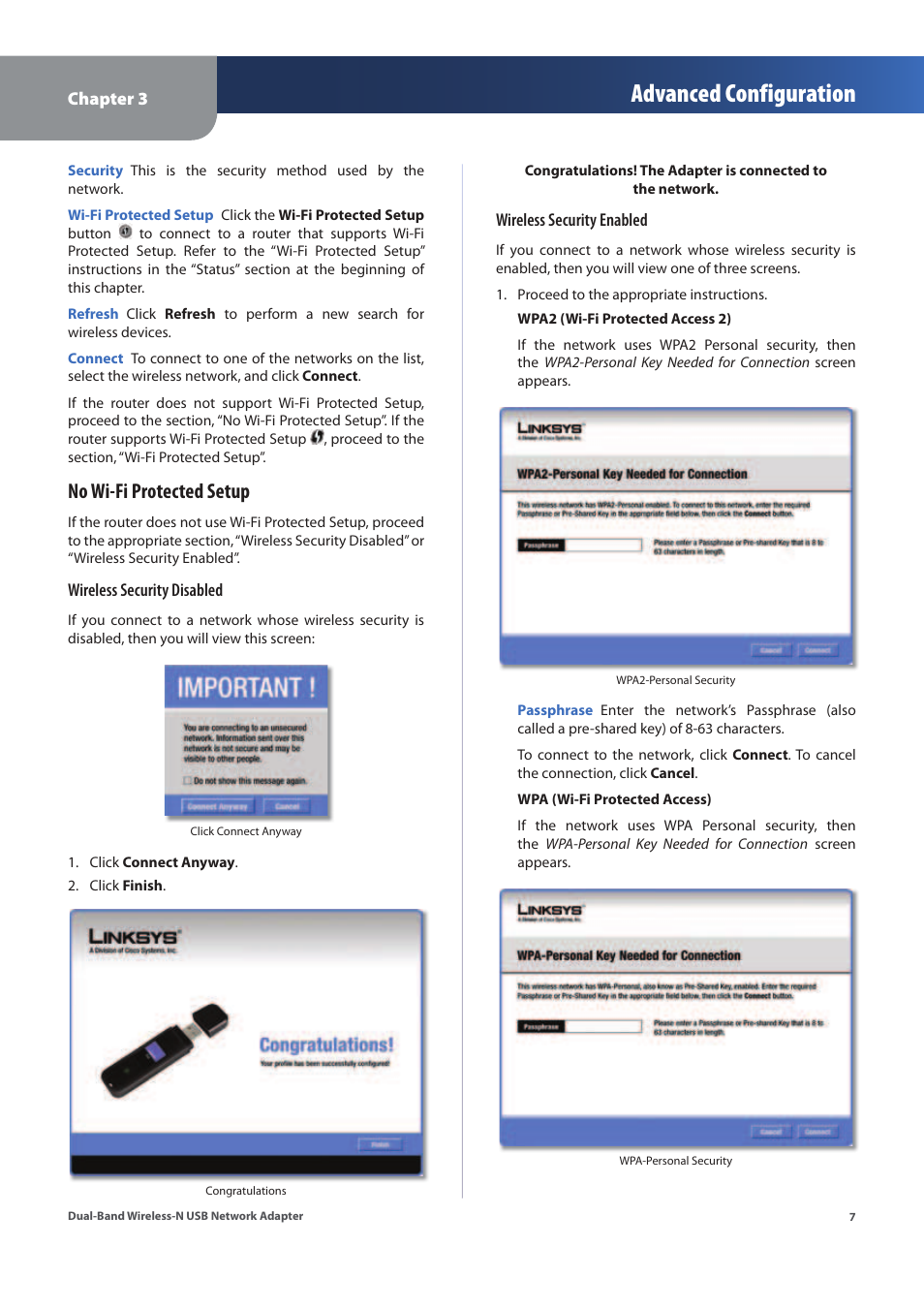 Advanced configuration, No wi-fi protected setup | Linksys WUSB600N (EU) User Manual | Page 10 / 53