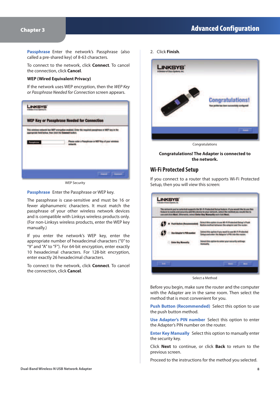 Advanced configuration, Wi-fi protected setup | Linksys WUSB600N (EU) User Manual | Page 11 / 53