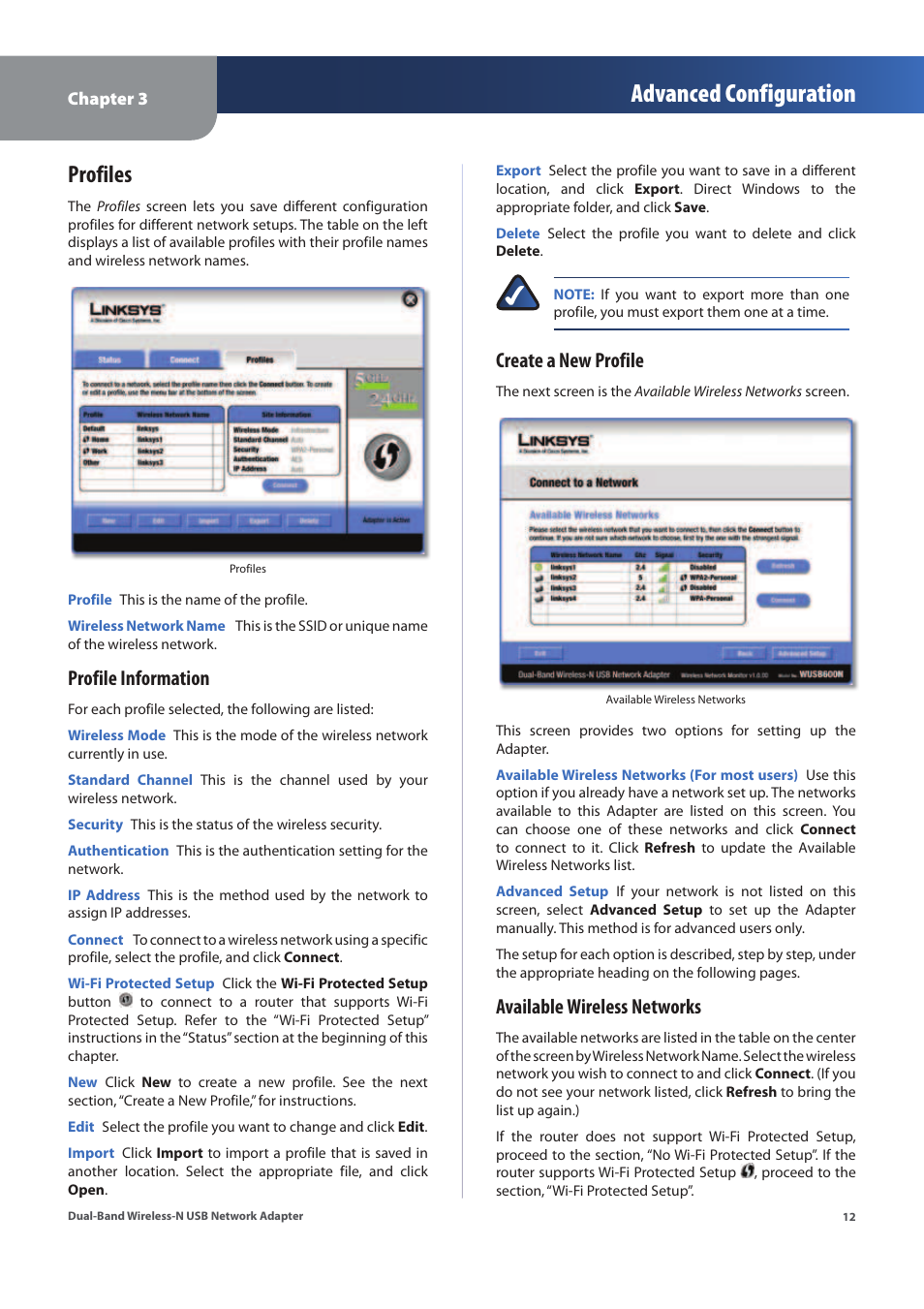 Advanced configuration, Profiles, Profile information | Create a new profile, Available wireless networks | Linksys WUSB600N (EU) User Manual | Page 15 / 53