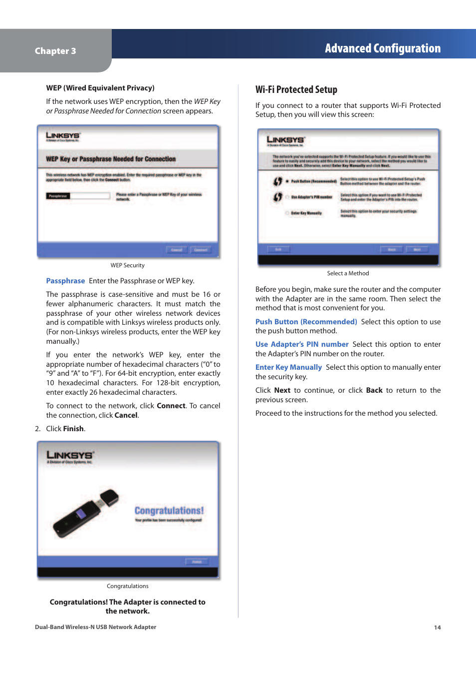 Advanced configuration, Wi-fi protected setup | Linksys WUSB600N (EU) User Manual | Page 17 / 53