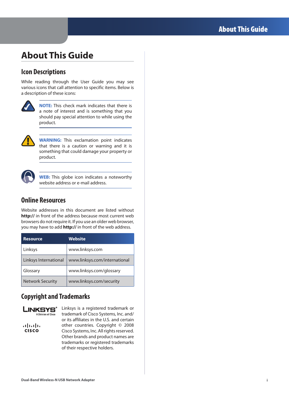 About this guide, Icon descriptions, Online resources | Copyright and trademarks | Linksys WUSB600N (EU) User Manual | Page 2 / 53