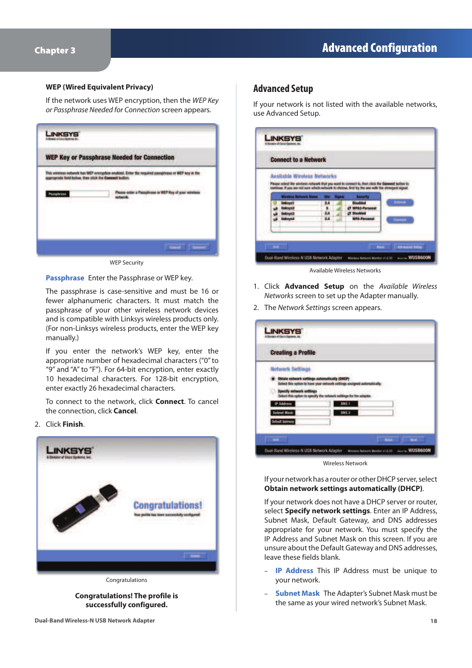 Advanced configuration, Advanced setup | Linksys WUSB600N (EU) User Manual | Page 21 / 53