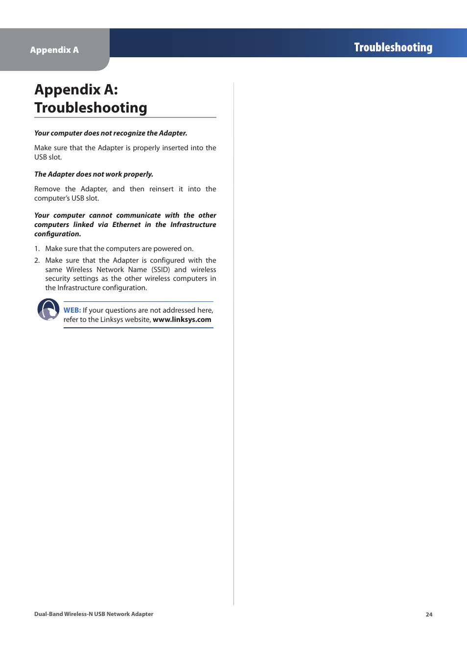 Appendix a: troubleshooting, Troubleshooting | Linksys WUSB600N (EU) User Manual | Page 27 / 53