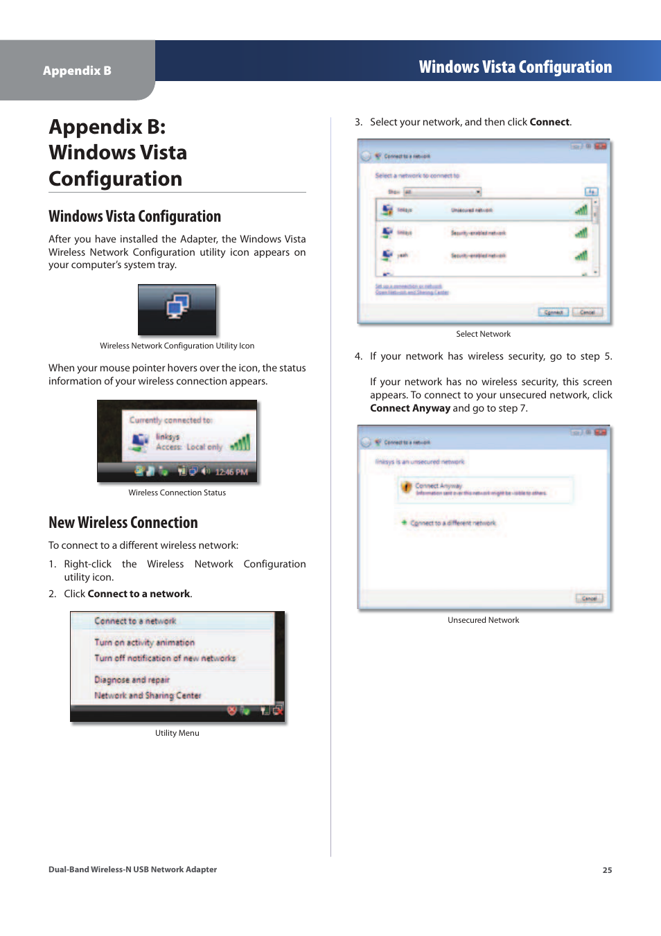 Appendix b: windows vista configuration, Windows vista configuration, New wireless connection | Linksys WUSB600N (EU) User Manual | Page 28 / 53