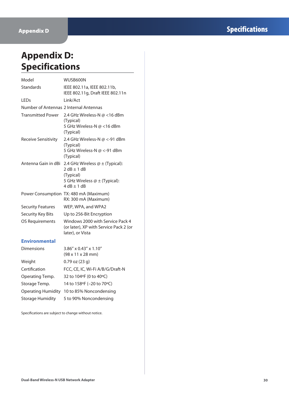 Appendix d: specifications, Specifications | Linksys WUSB600N (EU) User Manual | Page 33 / 53