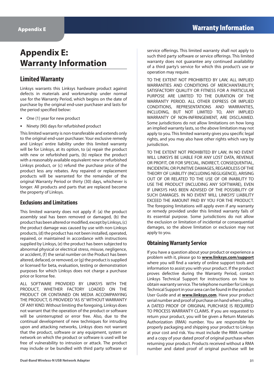 Appendix e: warranty information, Warranty information, Limited warranty | Exclusions and limitations, Obtaining warranty service | Linksys WUSB600N (EU) User Manual | Page 34 / 53