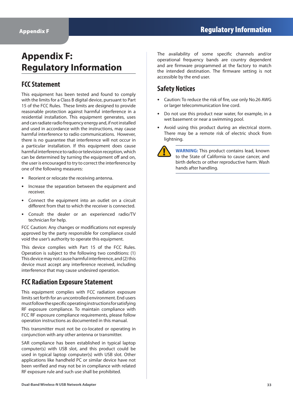 Appendix f: regulatory information, Regulatory information, Fcc statement | Fcc radiation exposure statement, Safety notices | Linksys WUSB600N (EU) User Manual | Page 36 / 53