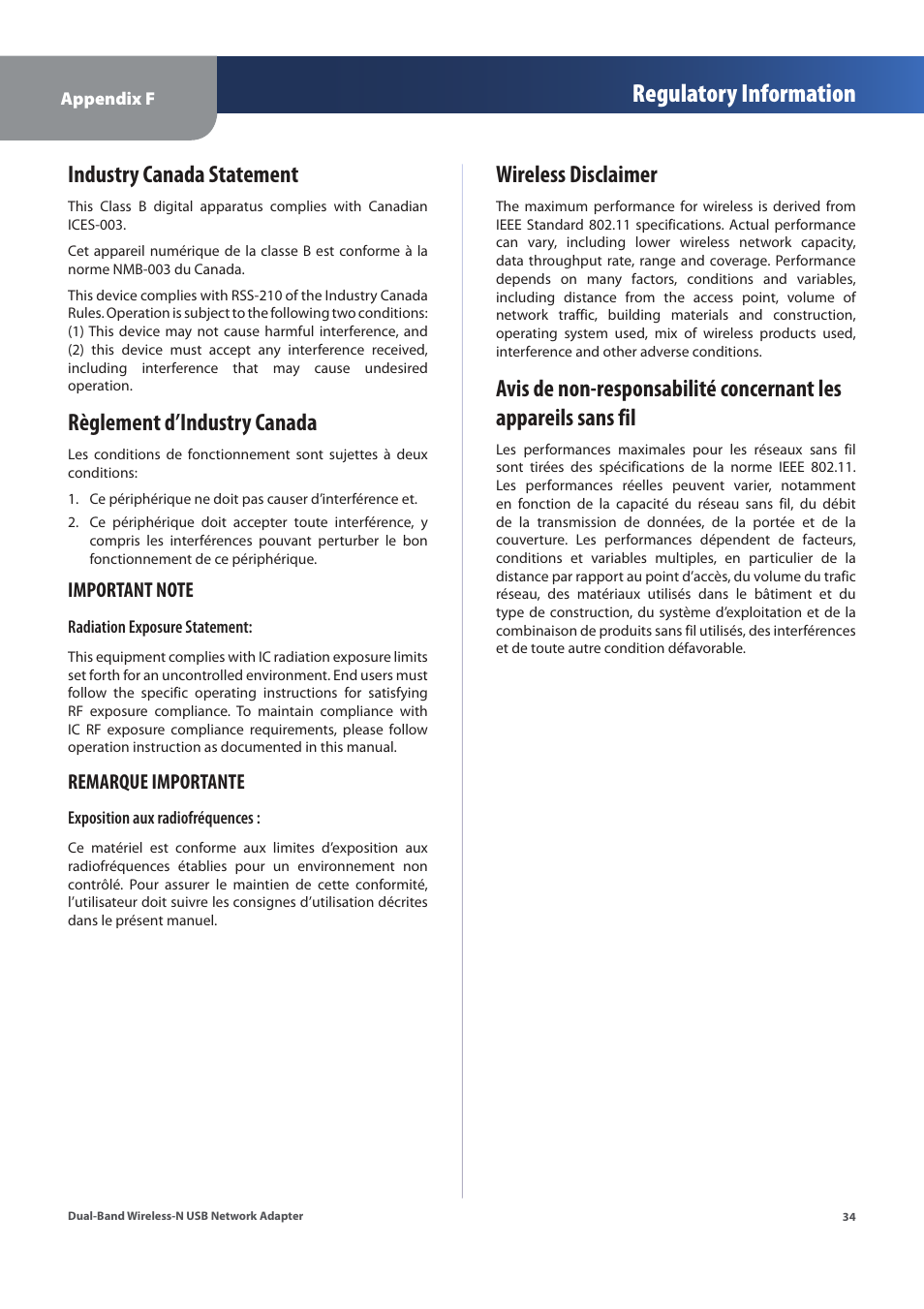 Regulatory information, Industry canada statement, Règlement d’industry canada | Wireless disclaimer, Remarque importante | Linksys WUSB600N (EU) User Manual | Page 37 / 53