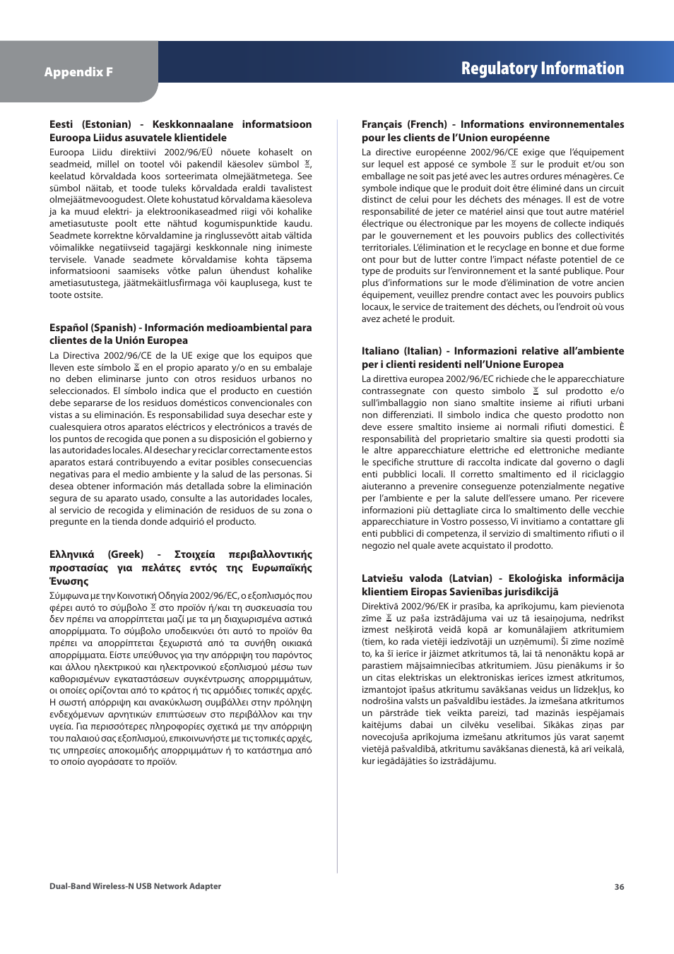 Regulatory information | Linksys WUSB600N (EU) User Manual | Page 39 / 53