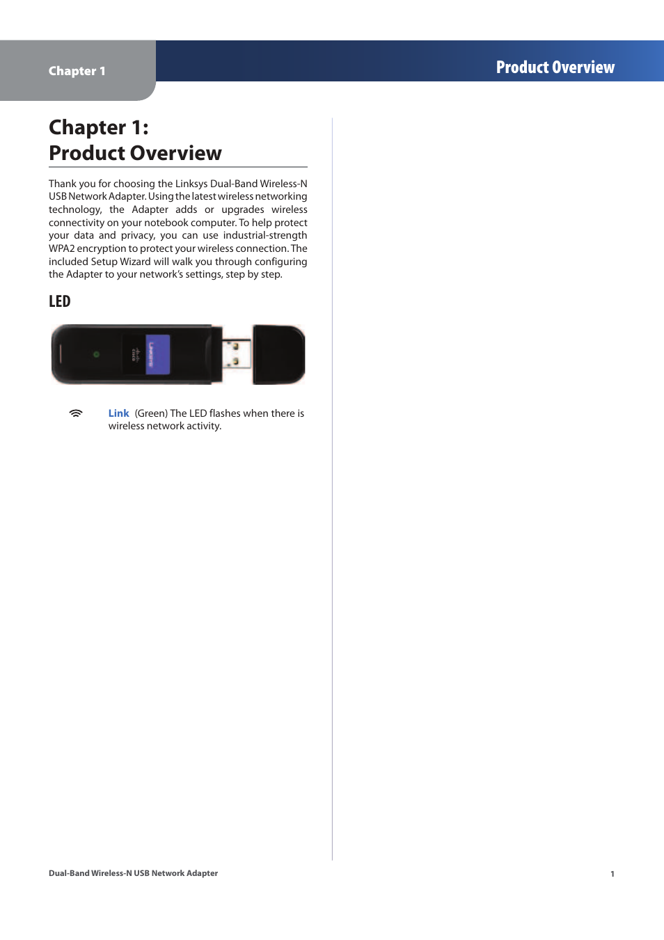 Chapter 1: product overview, Product overview | Linksys WUSB600N (EU) User Manual | Page 4 / 53