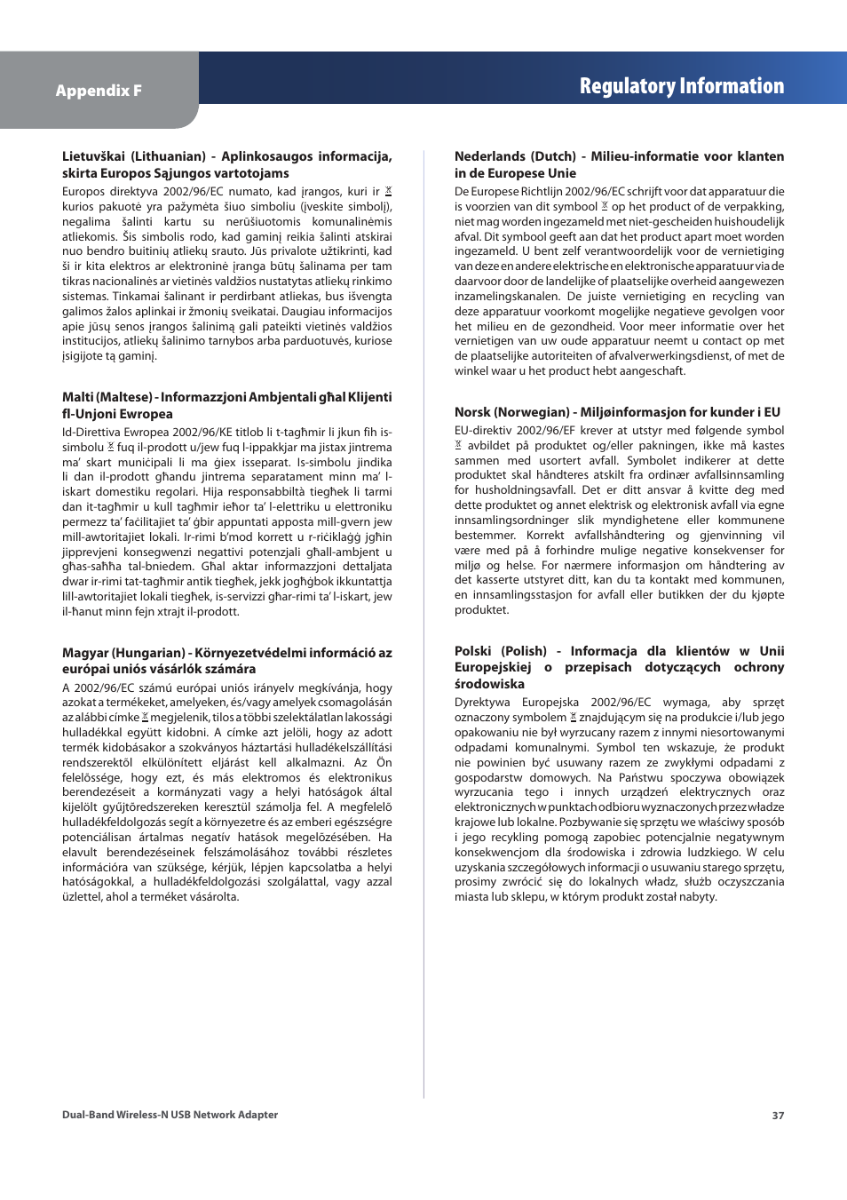 Regulatory information | Linksys WUSB600N (EU) User Manual | Page 40 / 53