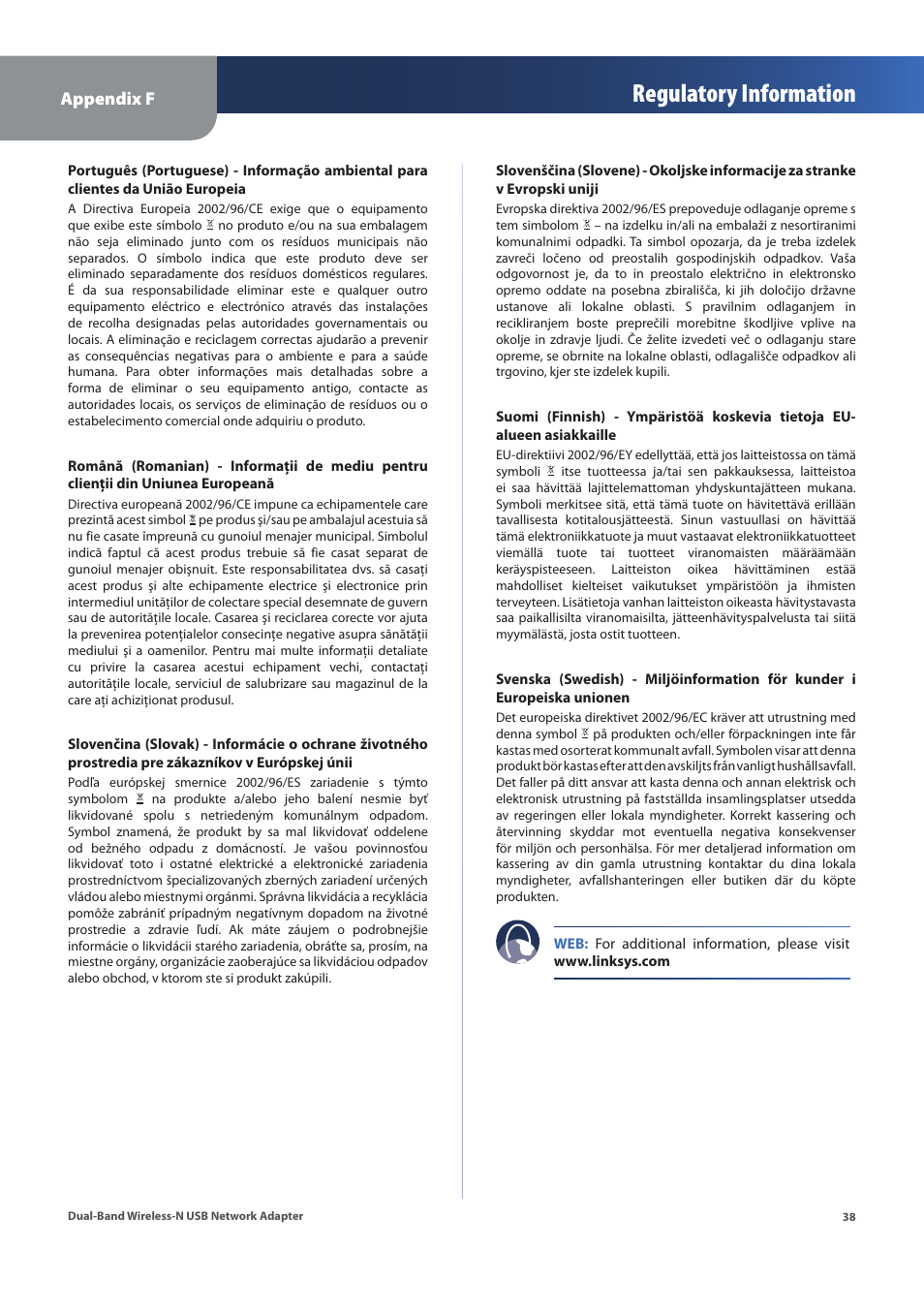 Regulatory information | Linksys WUSB600N (EU) User Manual | Page 41 / 53