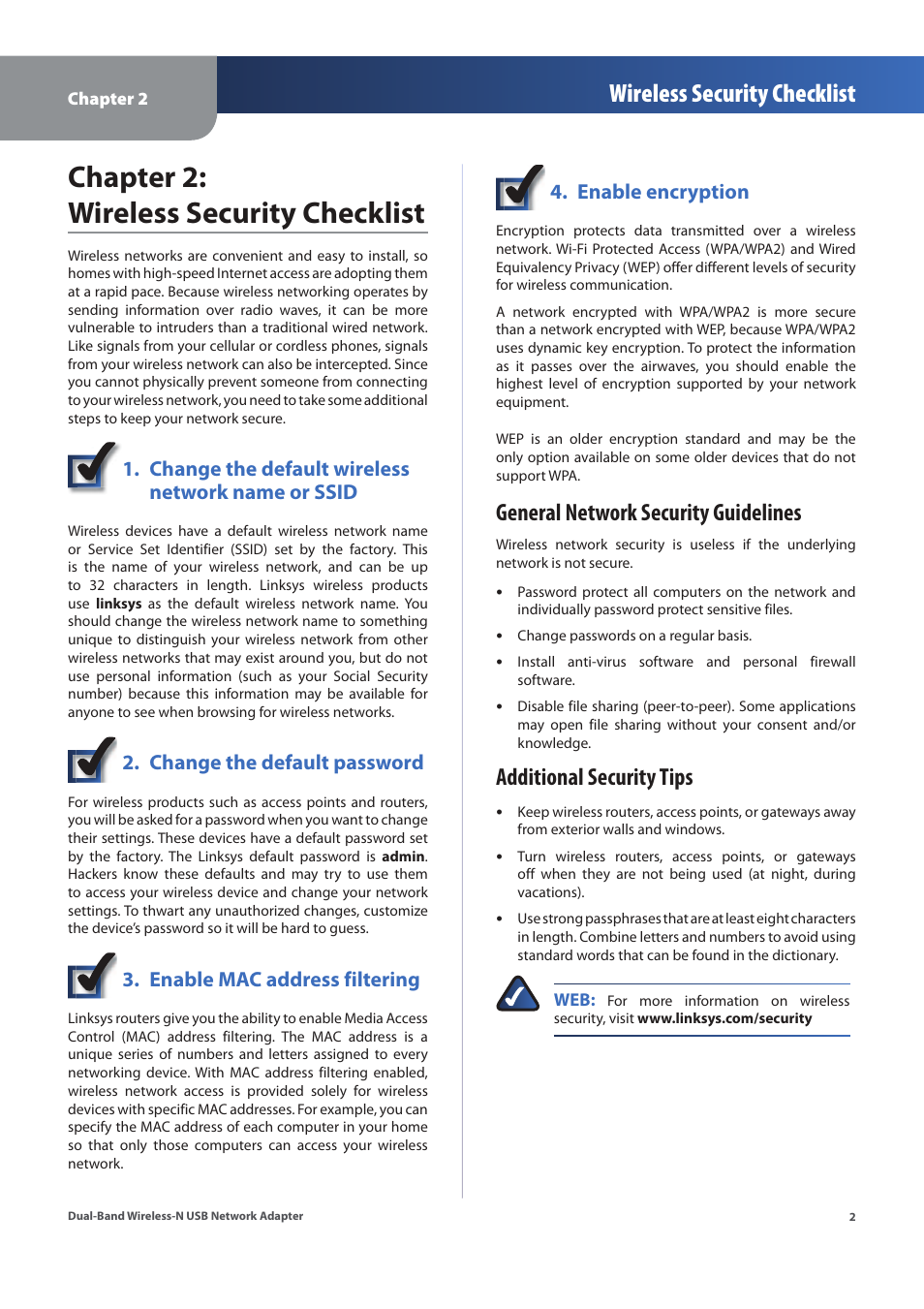 Chapter 2: wireless security checklist, Wireless security checklist, General network security guidelines | Additional security tips, Change the default wireless network name or ssid, Change the default password, Enable mac address filtering, Enable encryption | Linksys WUSB600N (EU) User Manual | Page 5 / 53