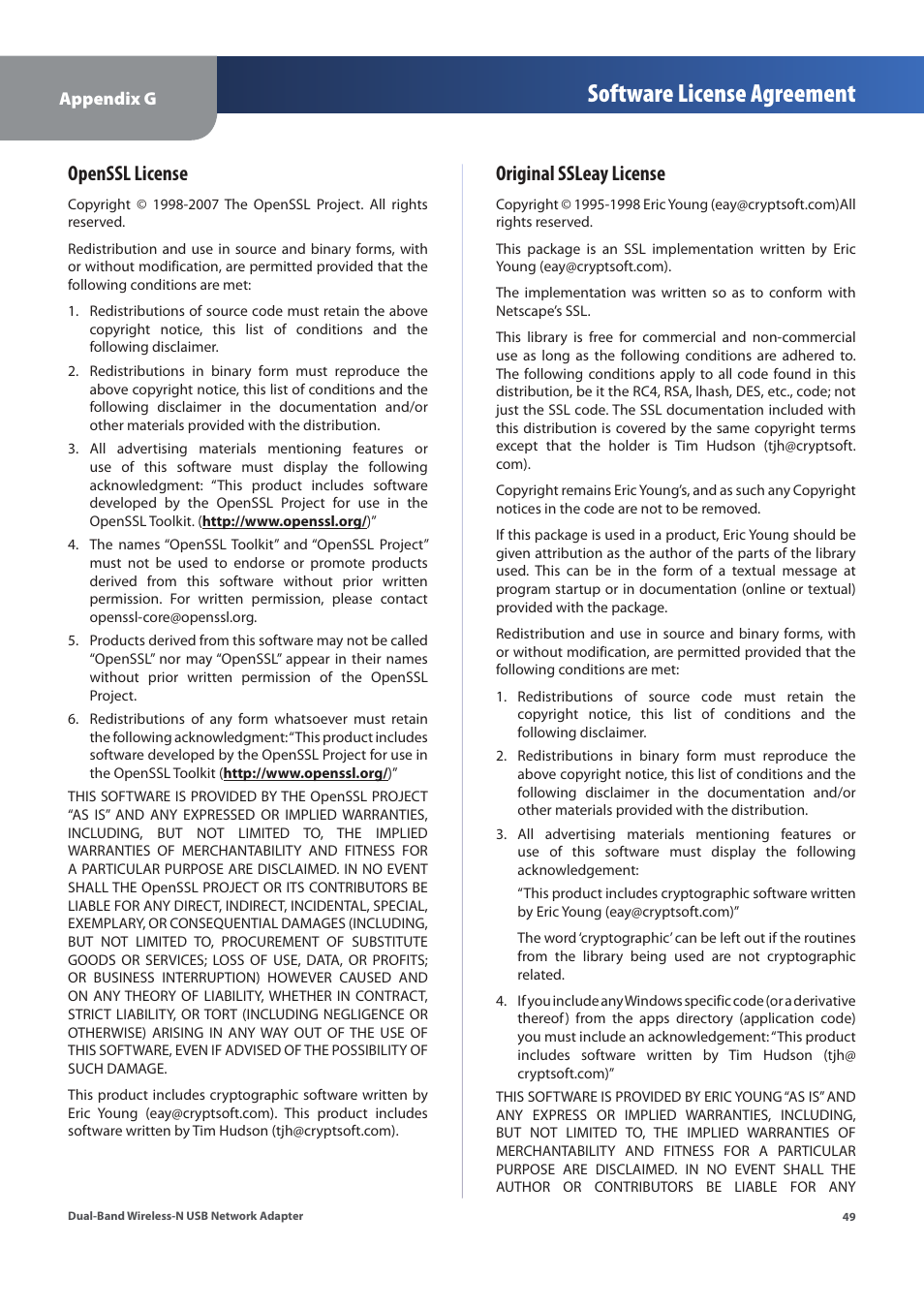 Software license agreement, Openssl license, Original ssleay license | Linksys WUSB600N (EU) User Manual | Page 52 / 53