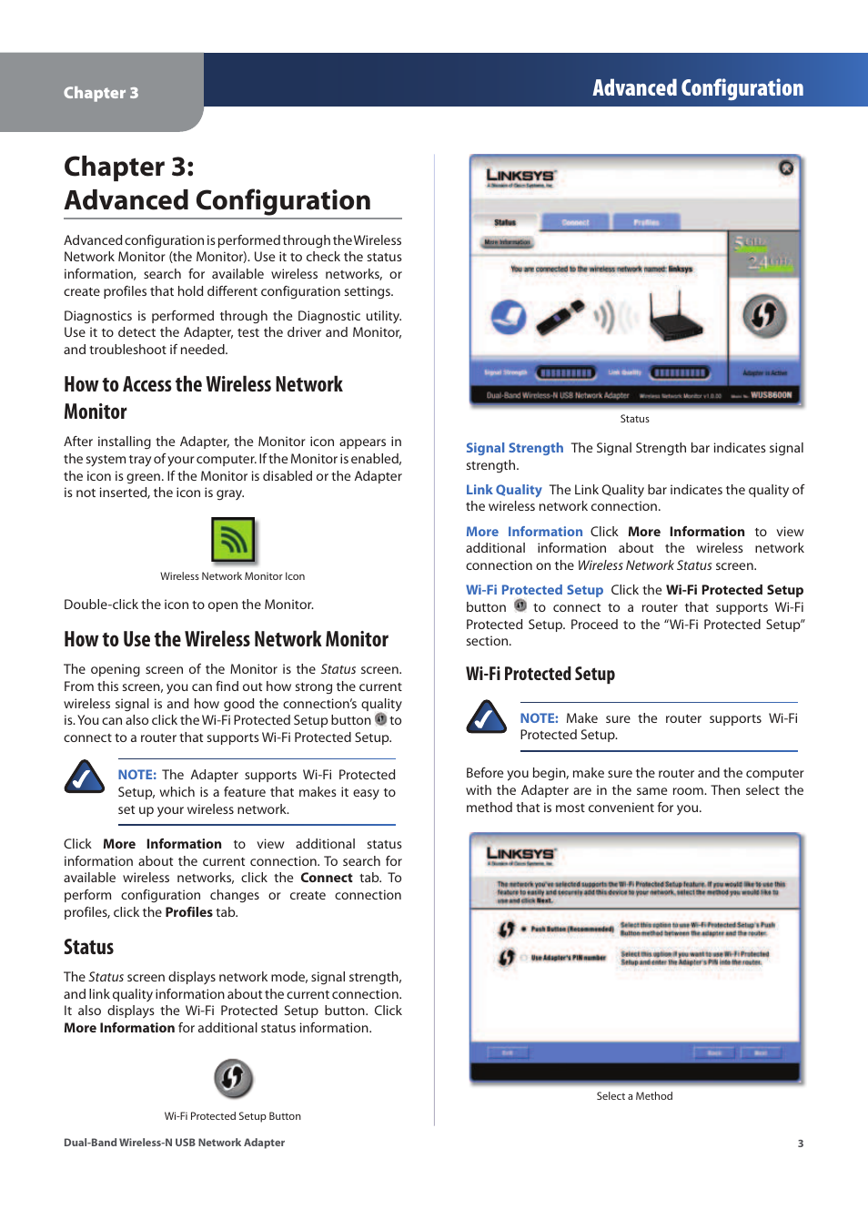 Chapter 3: advanced configuration, Advanced configuration, How to access the wireless network monitor | How to use the wireless network monitor, Status, Wi-fi protected setup | Linksys WUSB600N (EU) User Manual | Page 6 / 53