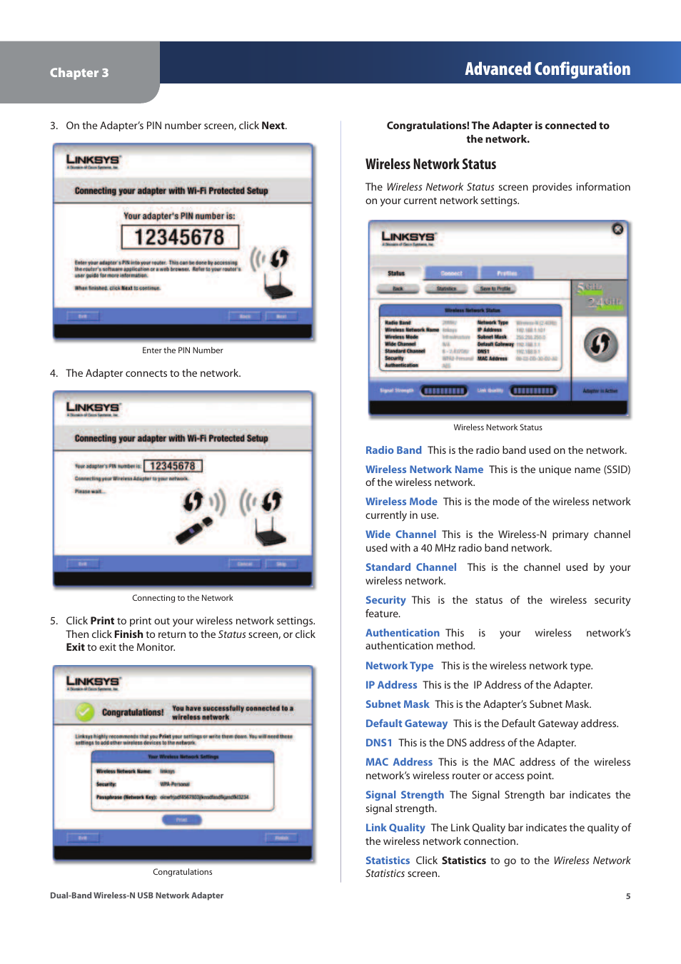 Advanced configuration, Wireless network status | Linksys WUSB600N (EU) User Manual | Page 8 / 53