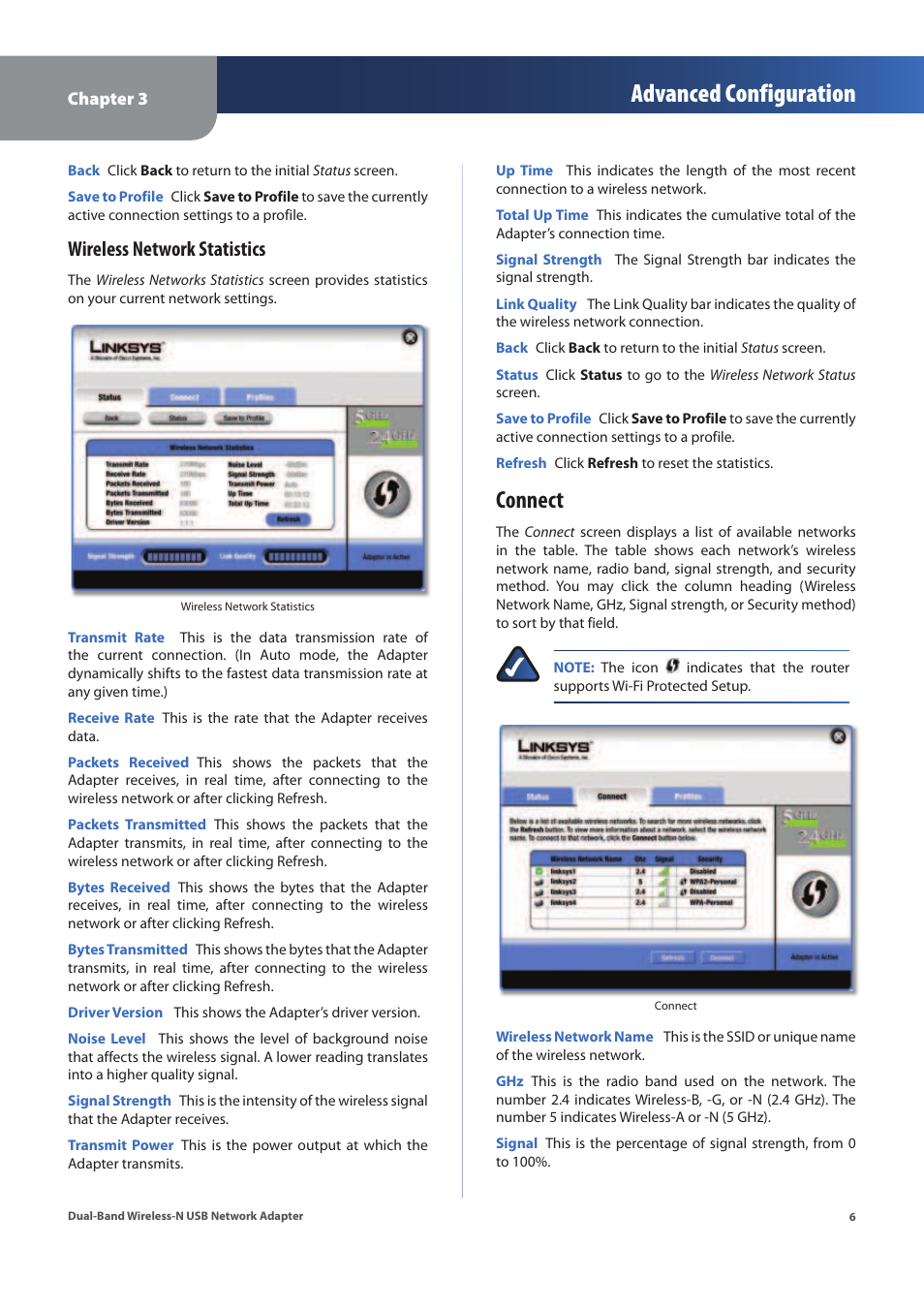 Advanced configuration, Connect, Wireless network statistics | Linksys WUSB600N (EU) User Manual | Page 9 / 53