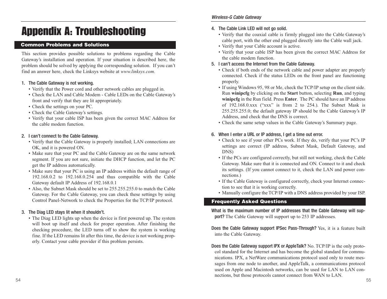 Appendix a: troubleshooting | Linksys WCG200 User Manual | Page 31 / 47