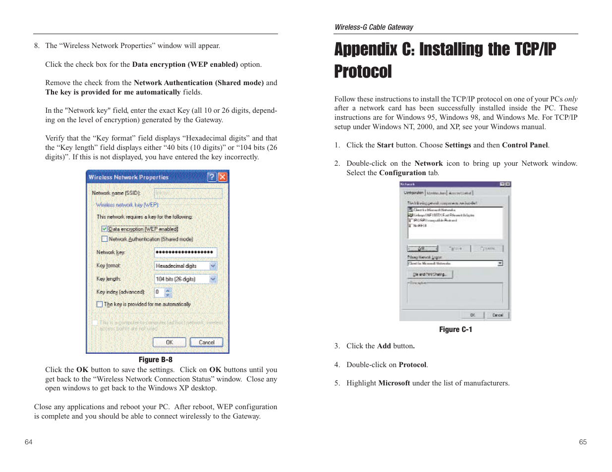 Appendix c: installing the tcp/ip protocol | Linksys WCG200 User Manual | Page 36 / 47