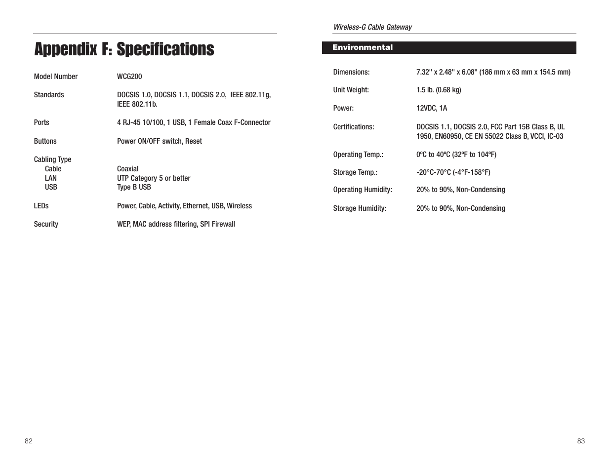 Appendix f: specifications | Linksys WCG200 User Manual | Page 45 / 47