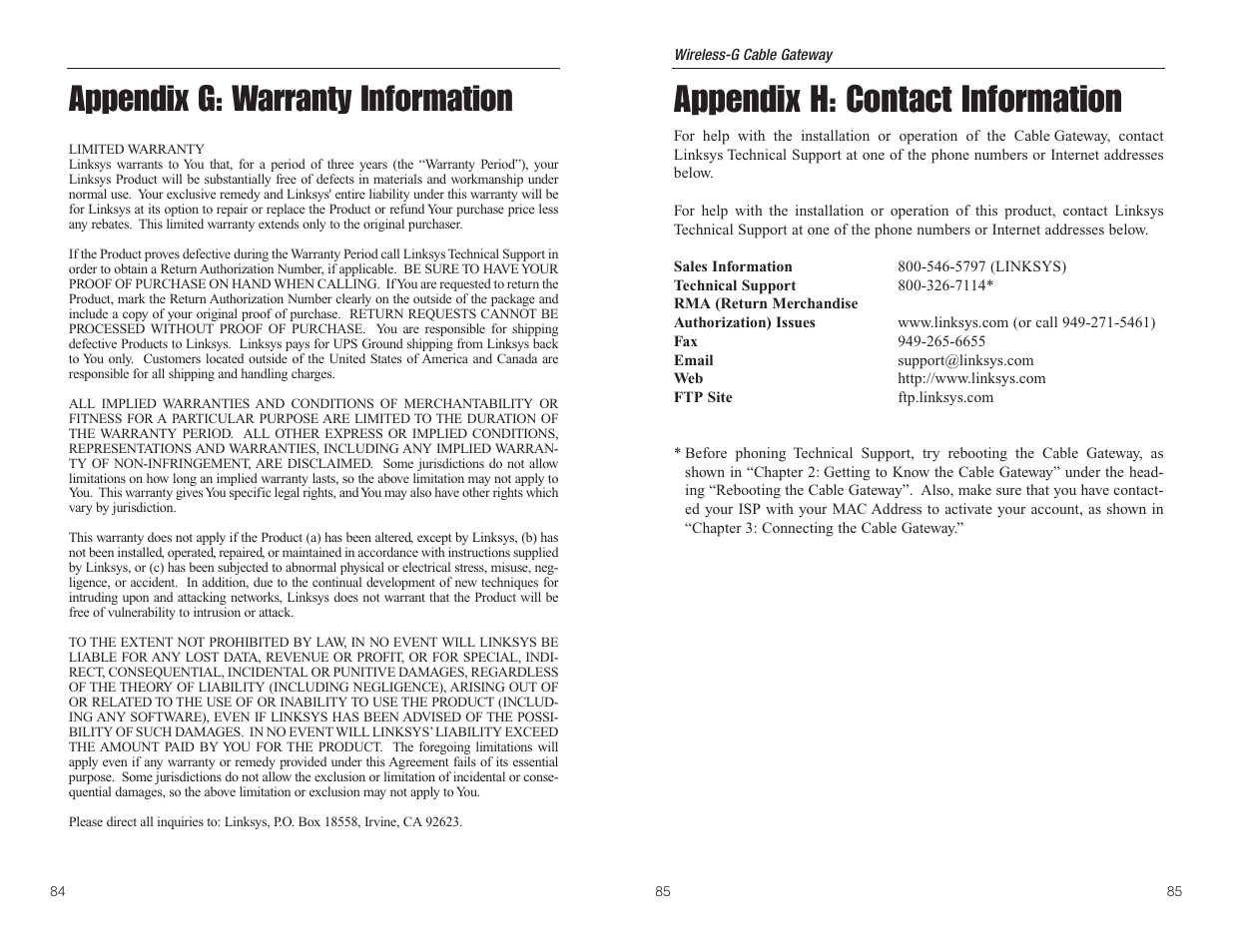 Appendix h: contact information, Appendix g: warranty information | Linksys WCG200 User Manual | Page 46 / 47