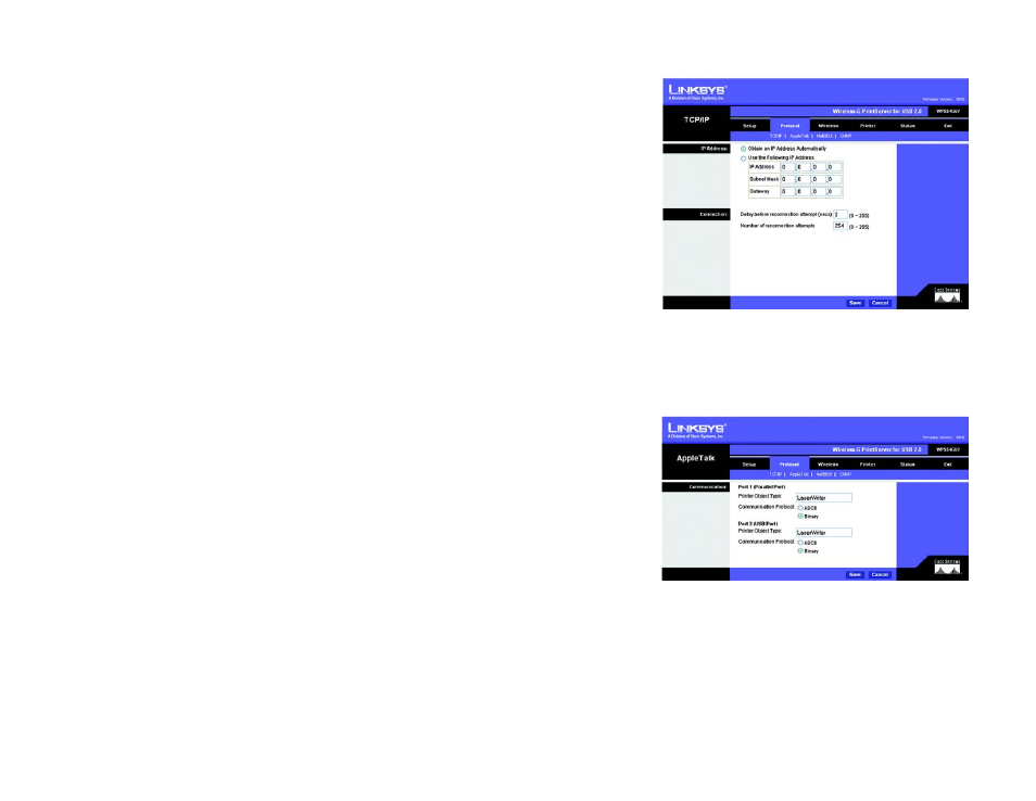 The protocol tab - tcp/ip, The protocol tab - appletalk | Linksys WPS54GU2 User Manual | Page 26 / 76