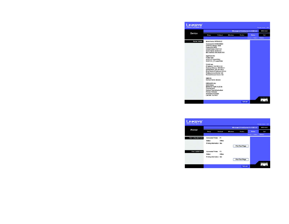 The status tab - device, The status tab - printer | Linksys WPS54GU2 User Manual | Page 33 / 76