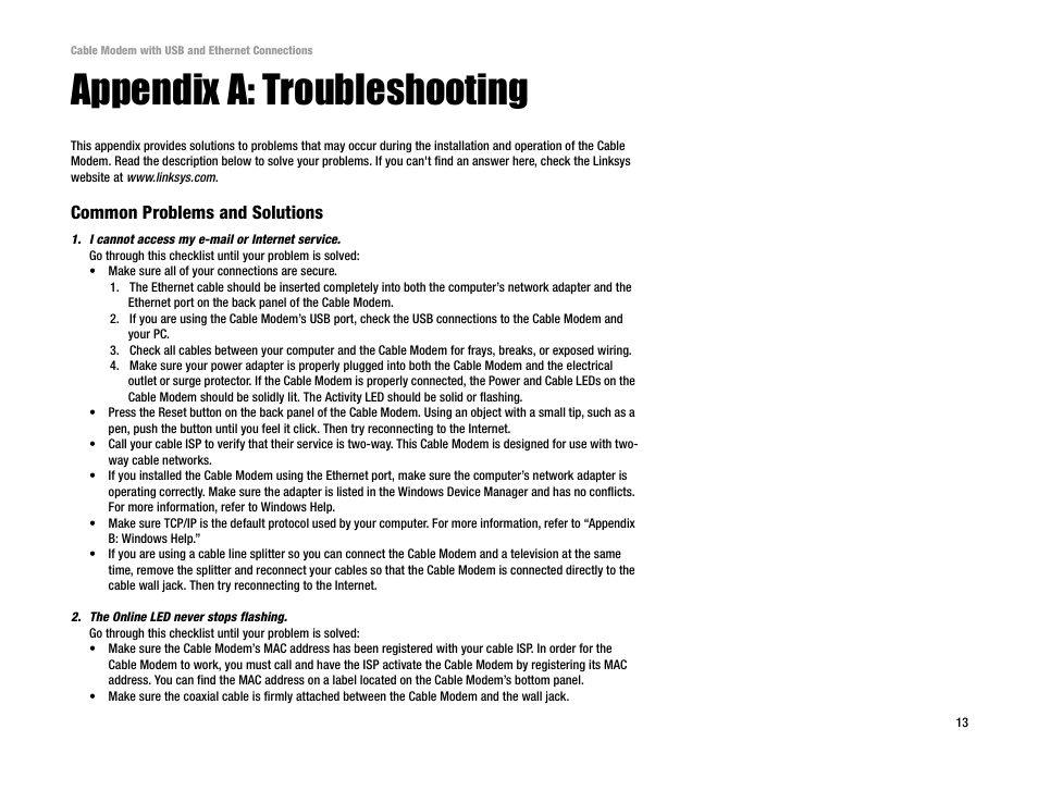 Appendix a: troubleshooting, Common problems and solutions | Linksys BEFCMU10 User Manual | Page 17 / 30