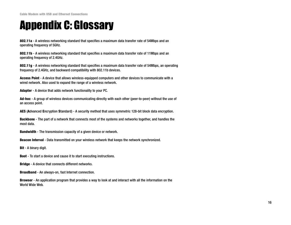 Appendix c: glossary | Linksys BEFCMU10 User Manual | Page 20 / 30
