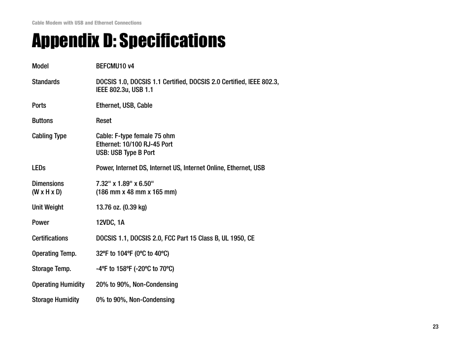 Appendix d: specifications | Linksys BEFCMU10 User Manual | Page 27 / 30
