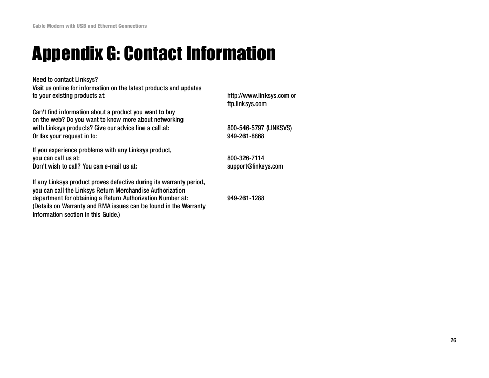Appendix g: contact information | Linksys BEFCMU10 User Manual | Page 30 / 30