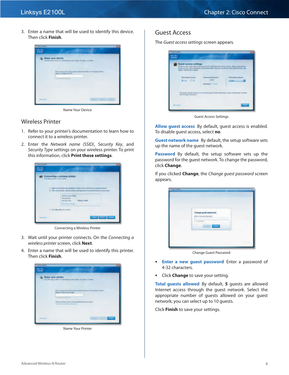 Guest access, Wireless printer | Linksys E2100L User Manual | Page 11 / 78