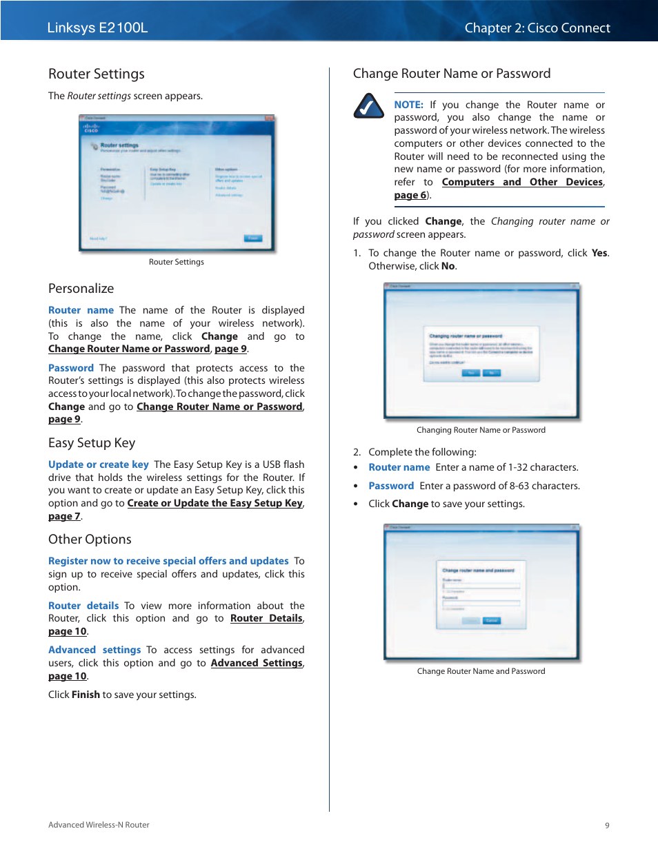 Router settings, Personalize, Easy setup key | Other options, Change router name or password | Linksys E2100L User Manual | Page 12 / 78