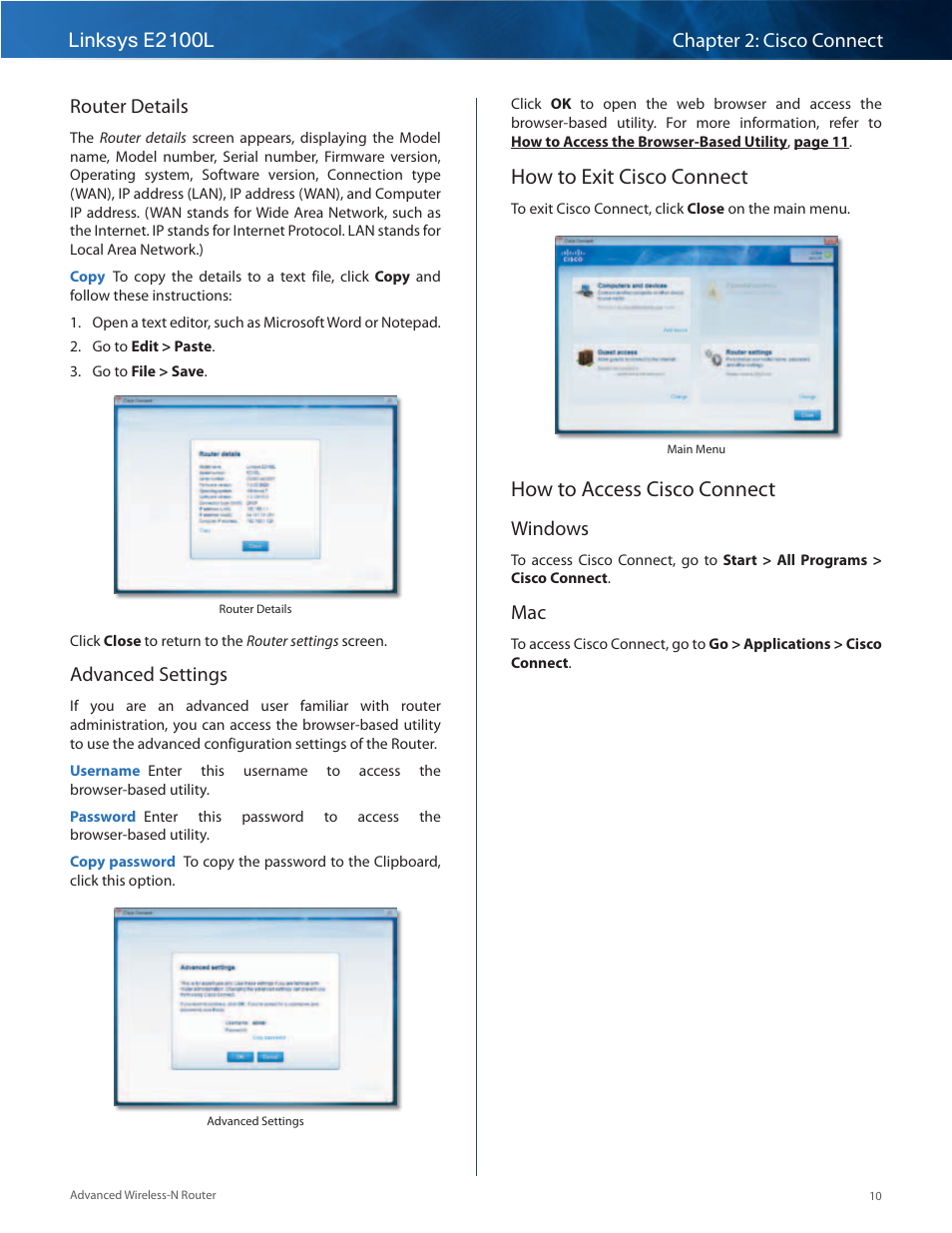 How to exit cisco connect, How to access cisco connect, Router details | Advanced settings, Windows | Linksys E2100L User Manual | Page 13 / 78