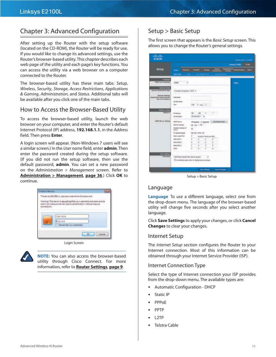 Chapter 3: advanced configuration, How to access the browser-based utility, Setup > basic setup | Language, Internet setup | Linksys E2100L User Manual | Page 14 / 78