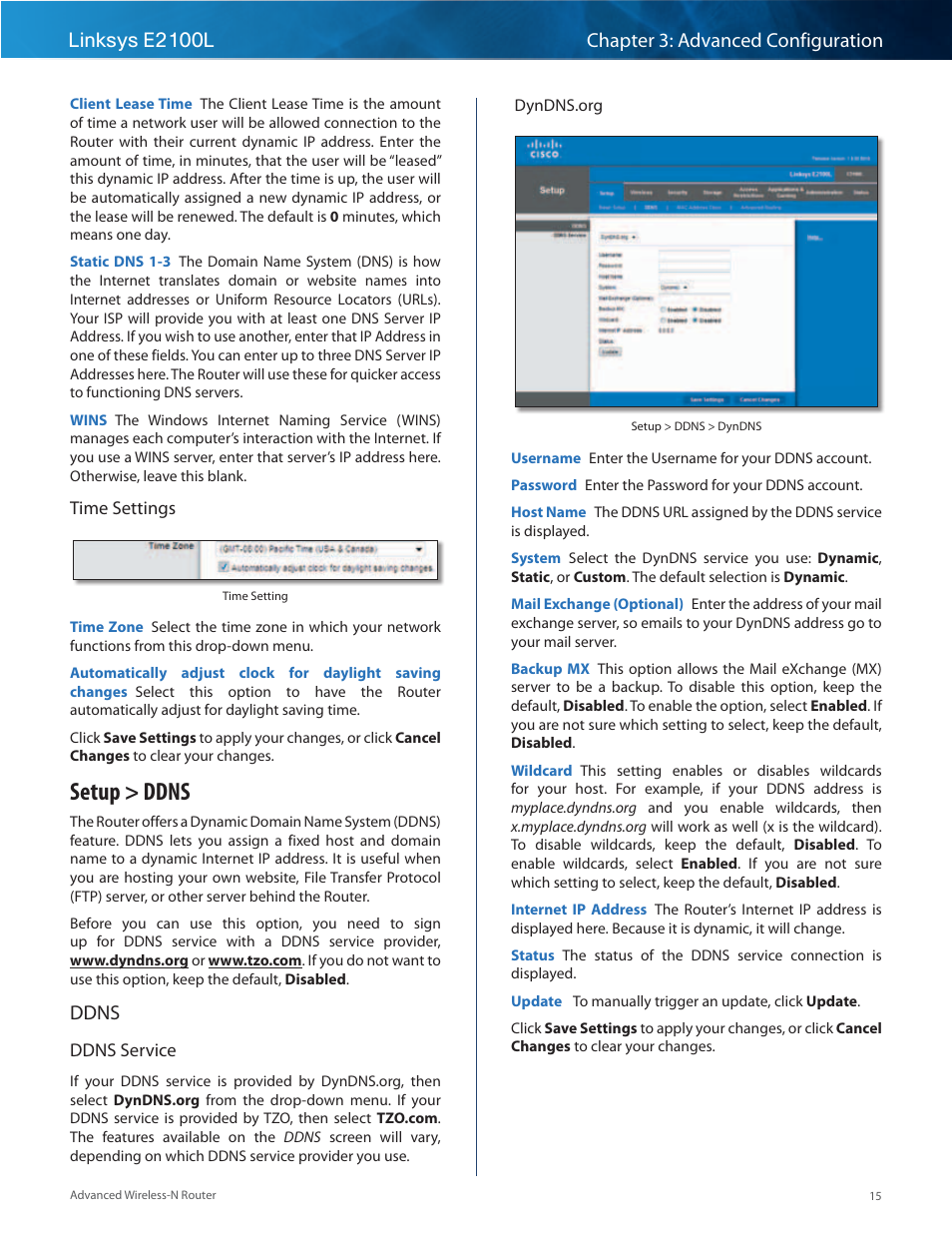 Setup > ddns, Ddns | Linksys E2100L User Manual | Page 18 / 78