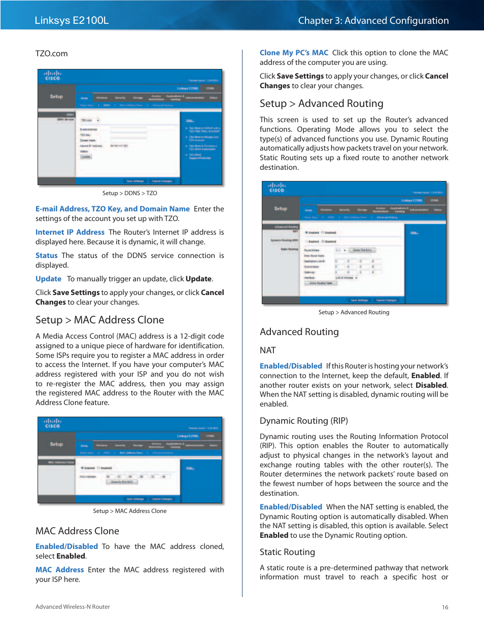 Setup > mac address clone, Setup > advanced routing, Setup > mac address clone setup > advanced routing | Mac address clone, Advanced routing | Linksys E2100L User Manual | Page 19 / 78