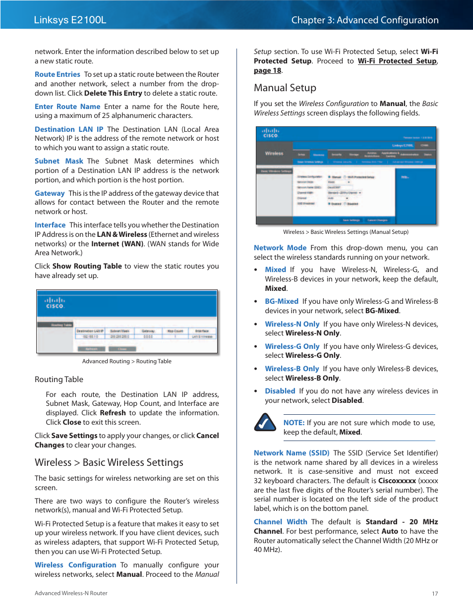 Wireless > basic wireless settings, Manual setup, Wireless > basic wireless settings manual setup | Linksys E2100L User Manual | Page 20 / 78