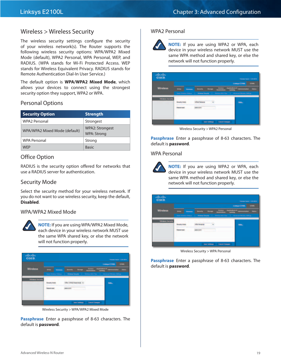 Wireless > wireless security, Personal options, Office option | Security mode | Linksys E2100L User Manual | Page 22 / 78