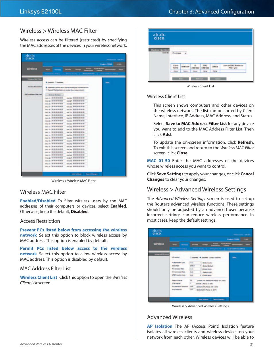 Wireless > wireless mac filter, Wireless > advanced wireless settings, Wireless mac filter | Advanced wireless | Linksys E2100L User Manual | Page 24 / 78