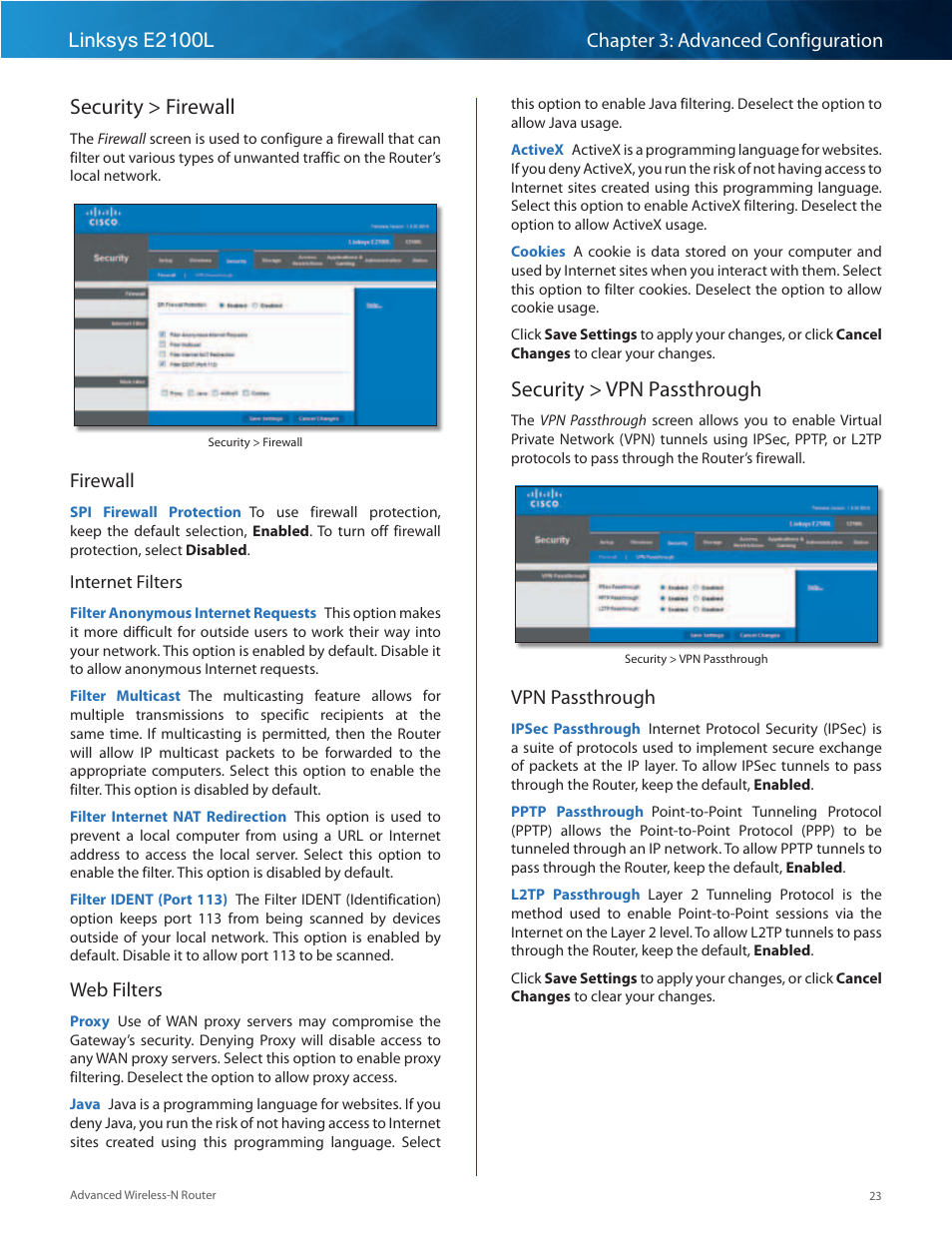 Security > firewall, Security > vpn passthrough, Security > firewall security > vpn passthrough | Firewall, Web filters, Vpn passthrough | Linksys E2100L User Manual | Page 26 / 78
