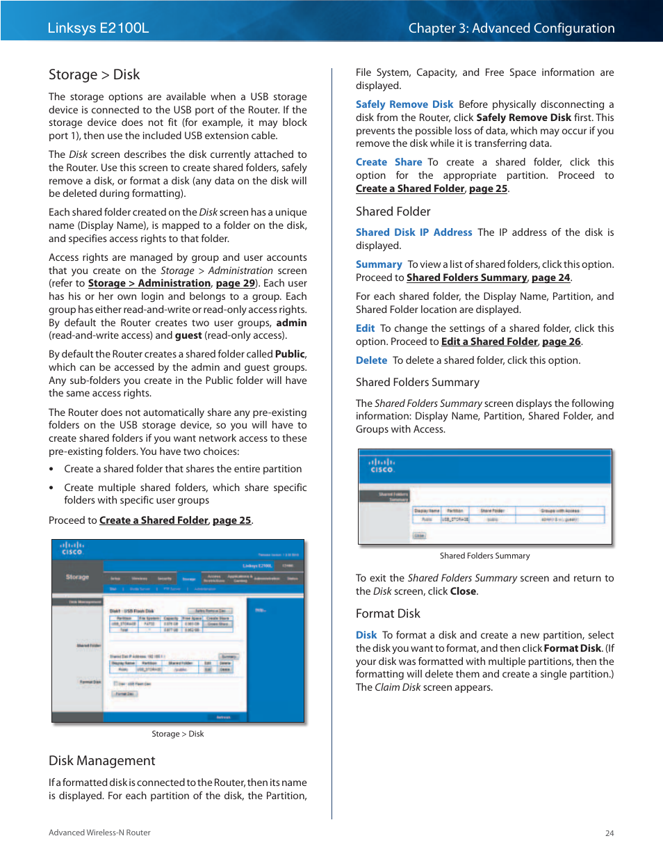 Storage > disk, Disk management | Linksys E2100L User Manual | Page 27 / 78