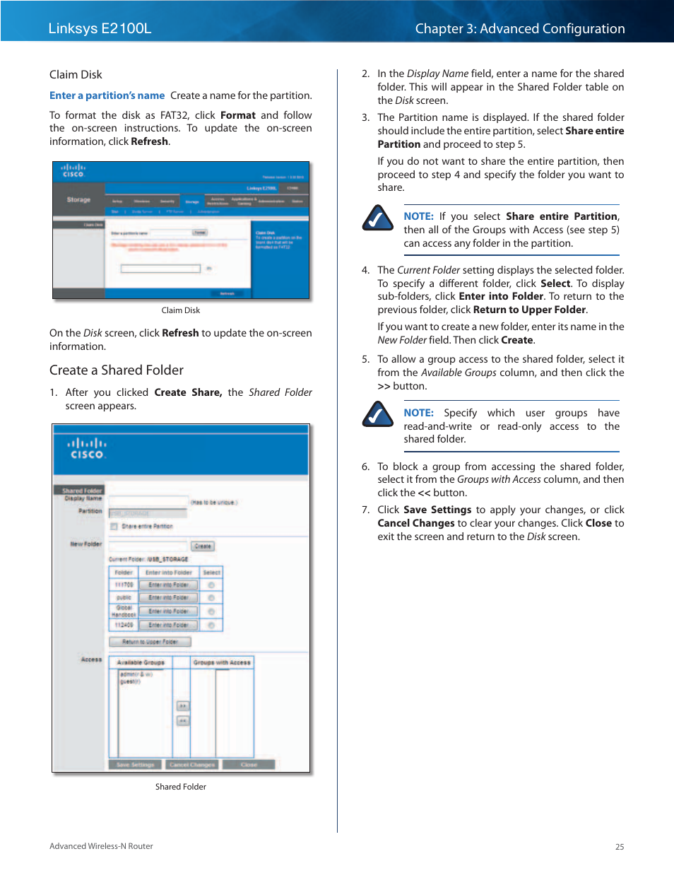 Create a shared folder | Linksys E2100L User Manual | Page 28 / 78