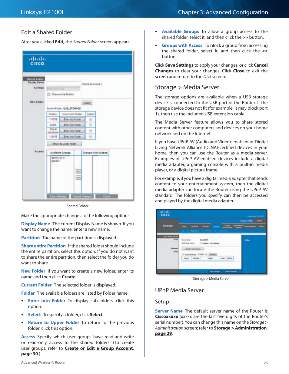 Storage > media server, Upnp media server | Linksys E2100L User Manual | Page 29 / 78