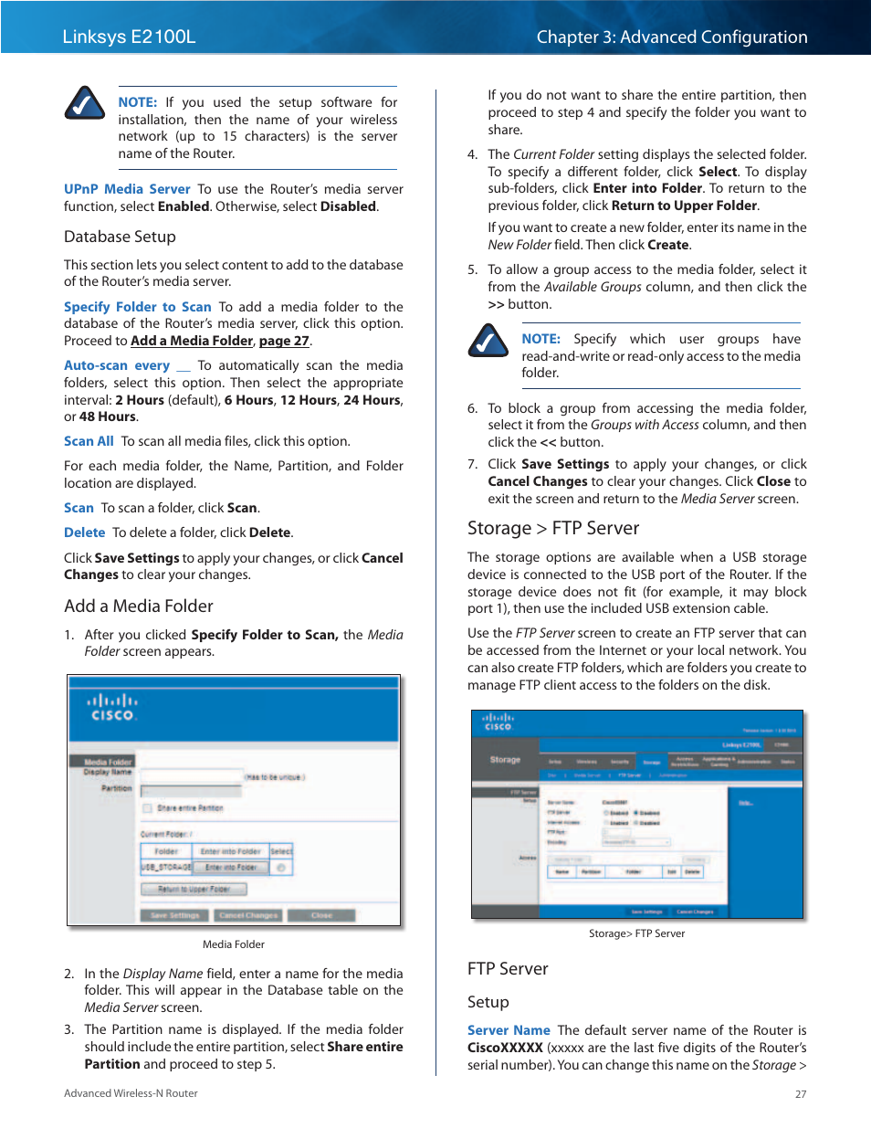 Storage > ftp server, Add a media folder, Ftp server | Linksys E2100L User Manual | Page 30 / 78