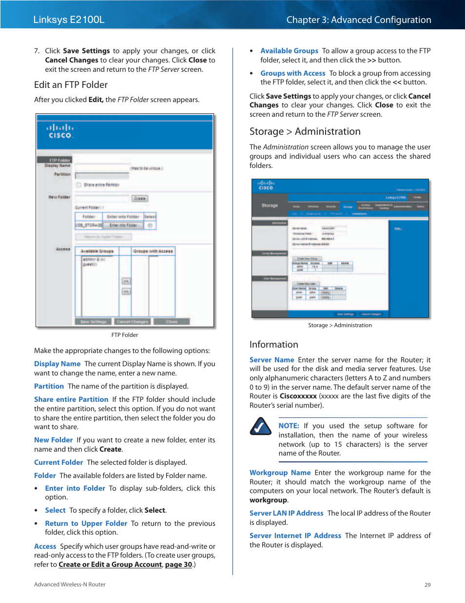 Storage > administration, Edit an ftp folder, Information | Linksys E2100L User Manual | Page 32 / 78
