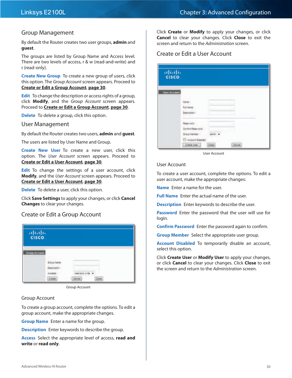 User management, Create or edit a group account, Create or edit a user account | Linksys E2100L User Manual | Page 33 / 78