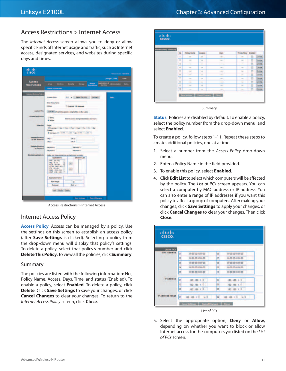 Access restrictions > internet access, Internet access policy | Linksys E2100L User Manual | Page 34 / 78