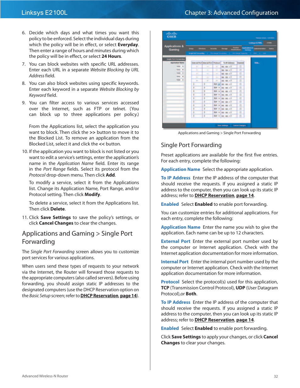 Applications and gaming > single port forwarding, Single port forwarding | Linksys E2100L User Manual | Page 35 / 78