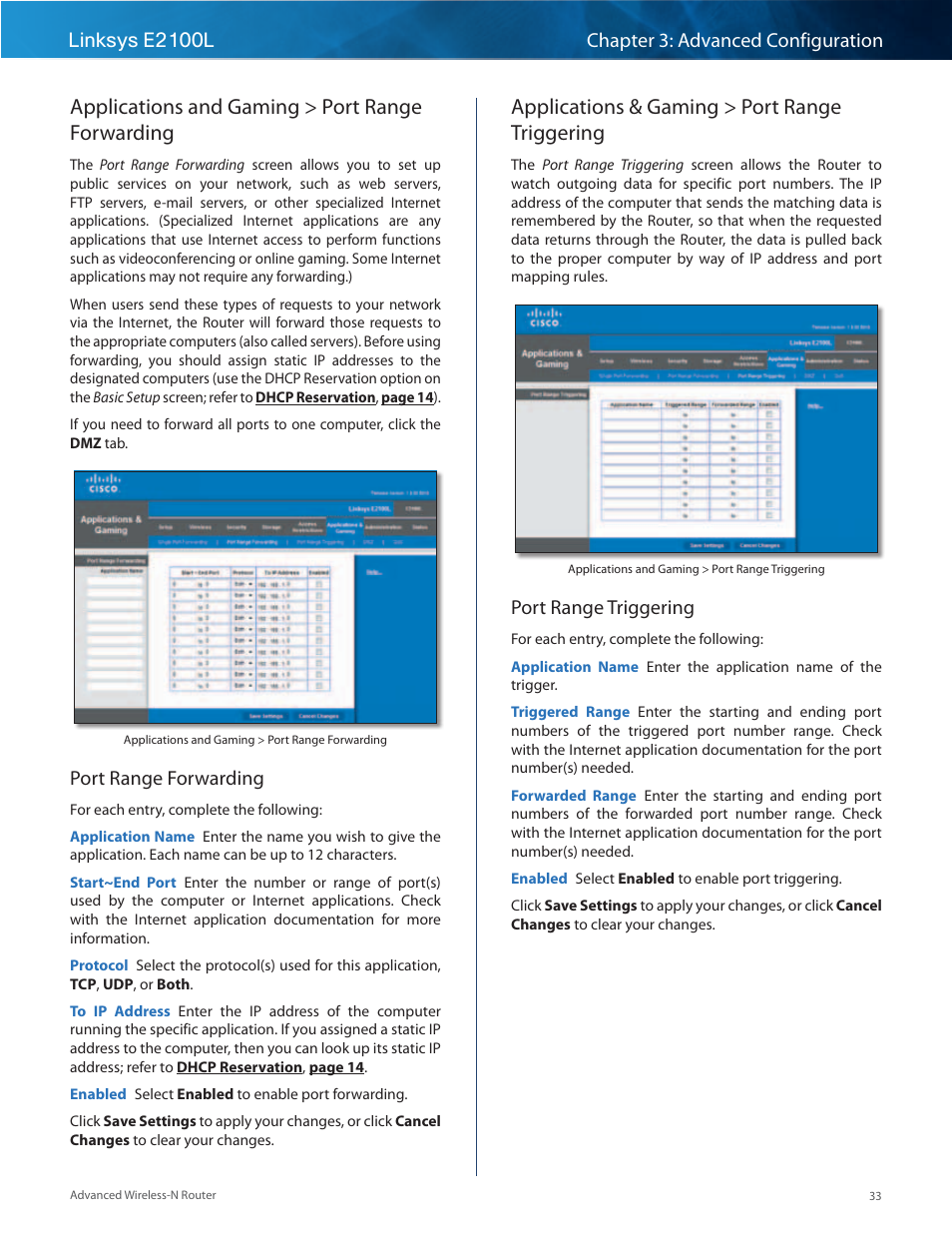 Applications and gaming > port range forwarding, Applications & gaming > port range triggering, Port range forwarding | Port range triggering | Linksys E2100L User Manual | Page 36 / 78